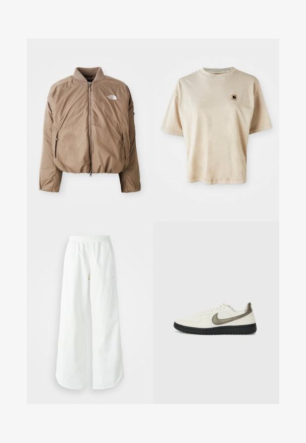 Hnedá zateplená bombera s rebrovaným golierom, predným zipsom a bočnými vreckami; na ľavej hrudi je biele logo.; Béžové bavlnené tričko s voľným strihom, okrúhlym výstrihom, krátkymi rukávmi a malou štvorcovou nášivkou na ľavej strane hrude.; Biele široké športové nohavice s ribbovaným pásom a jemným logom. Hladká tkanina s uvoľneným strihom a zúženým lemom.; Nike Sportswear FIELD GENERAL - Tenisky - off-white/black