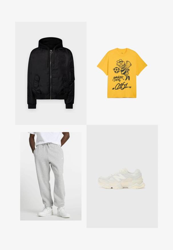 Μαύρο μπουφάν bomber με κουκούλα, κλείσιμο με φερμουάρ, δύο μπροστινές τσέπες, ριμπ μανσέτες και στρίφωμα, ομαλό υφασμά ναυλον και διακριτική γυαλάδα.; Κίτρινο βαμβακερό μπλουζάκι με μαύρη γραφική απεικόνιση μιας μέλισσας με μια μπάλα ποδοσφαίρου, με κείμενο "Manchester Calling" και "0161" από κάτω. Κοντά μανίκια, άνετη εφαρμογή.; Άνδρας φορώντας ανοιχτό γκρι φόρμα με κορδόνι και λευκά αθλητικά παπούτσια, όρθιος με τα χέρια στις τσέπες σε λευκό φόντο.; Ελαφριά αθλητικά παπούτσια με άνω τμήμα από πλέγμα και σουέτ σε απαλές κρέμ αποχρώσεις, με χοντρή σόλα και τρισδιάστατες λεπτομέρειες.