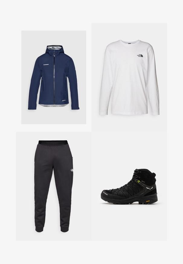 Granatowa, wodoodporna kurtka z kapturem, z cienką srebrną podszewką, przednim zamkiem błyskawicznym i bocznymi kieszeniami. Odbijające światło detale oraz logo.; Biała koszulka z długim rękawem wykonana z bawełny, z okrągłym dekoltem. Posiada małe czarne logo na piersi. Gładka faktura, regularny krój.; Czarne dresy wykonane z gładkiego materiału, charakteryzujące się zwężanym krojem, elastycznym pasem i detalem logo na prawej nodze.; Czarne buty trekkingowe z teksturowaną cholewką, wzmocnionym noskiem i podeszwą Vibram. System sznurowania zawiera haki dla zapewnienia pewnego dopasowania.