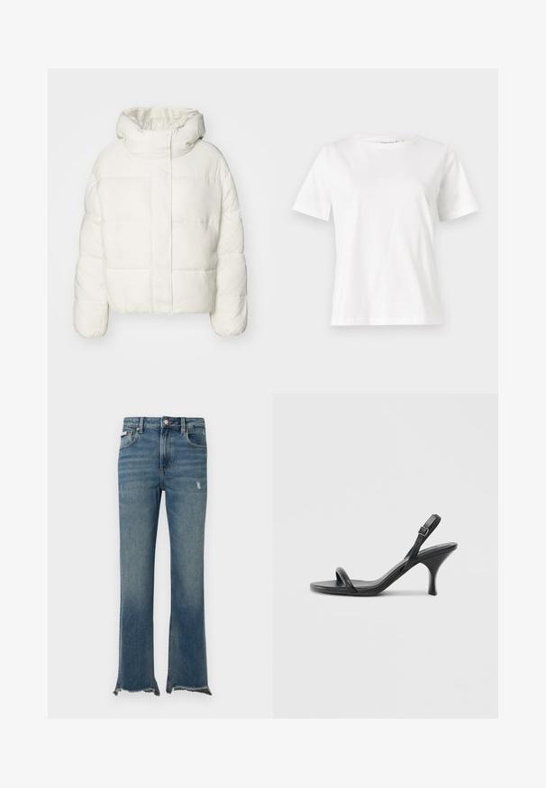 Balta pūkinė striukė su aukštu apykakliu ir raišteliu reguliuojama gaubtu, pasižyminti kviltinio rašto dizainu, elastinėmis rankogaliais ir priekyje esančia užtrauktuko uždarymo sistema.; Balta medvilninė marškinėliai trumpomis rankovėmis, su apvalia iškirpte ir laisvu siluetu. Lygi tekstūra, be raštų ar akcentų, minimalistinis dizainas.; Mėlyni džinsai, pagaminti iš džiuto audinio, su šiek tiek dėvėjimosi požymių, neapdorotais sukirptais kraštais, priekinėmis kišenėmis, diržo kilpelėmis ir segimi mygtuku.; Juodos odinės aukštakulnės šlepetės su plonu, kreiviu kulnu ir kryžminiu dirželio dizainu. Reguliuojamas kulkšnies dirželis. Lygus paviršius.