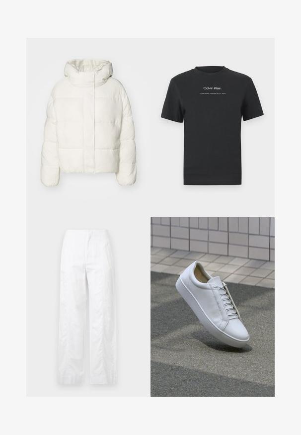 White padded jacket with a high collar, elasticated cuffs, and a concealed front zipper. Material appears soft and smooth with a quilted texture.; Black cotton T-shirt with a crew neckline, short sleeves, and white printed "Calvin Klein" logo and "Established 1968" text.; White wide-leg trousers made of lightweight fabric, featuring a smooth texture, clean lines, and a high waist design.; White leather sneaker with a round toe, flat sole, and six pairs of eyelets. Smooth texture and minimalistic design with stitching details.