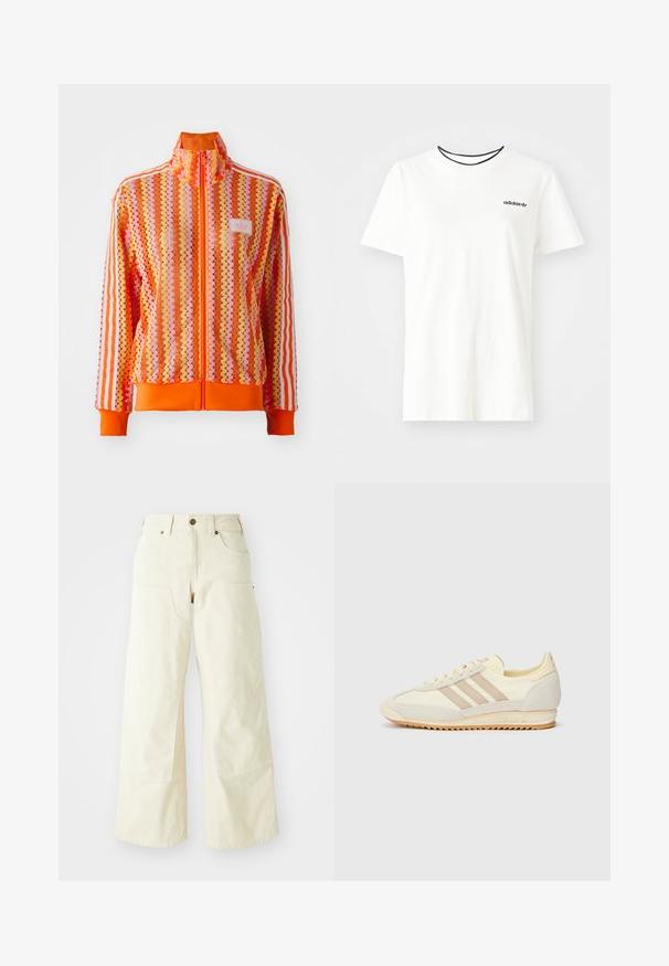 Zadrgana jakna z zigzag vzorci v oranžni, roza in rumeni barvi; ima bele proge na rokavih; ima visok ovratnik in rebraste manšete.; Bela bomba majica iz bombaža s kratkimi rokavi in okroglim izrezom. Ima črni Adidas logotip na prsih ter kontrastni črni notranji ovratnik.; Bež hlače širokega kroja iz bombaža, z visoko pasom, velikimi sprednjimi žepi in gladko teksturo z minimalnimi detajli šivanja.; Kremna atletska teniska obutev z tremi bež črtami, usnjatom in tekstilnim materialom, teksturiranim podplatom ter embosiranim logotipom na peti.