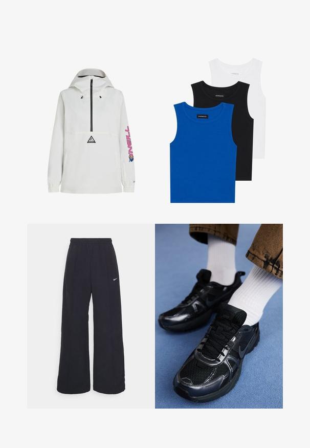 Hvid anorakjakke med en sort lynlås, justerbar hætte, elastiske manchetter og et pink grafisk design på ærmet. Har et logo på forsiden.; Tre ærmeløse skjorter i blå, sort og hvid. Stoffet er ribbet med en rund halsudskæring. Hver skjorte har et mærke med teksten "even&odd."; Sorte brede bukser med elastisk talje og et lille hvidt Nike-logo. Stoffet har en glat tekstur, designet til komfort og afslappet brug.; Sorte Nike sportssko har en mesh-overdel med blanke detaljer, sorte snørebånd og en struktureret sål. Sammen med hvide ribbet sokker.