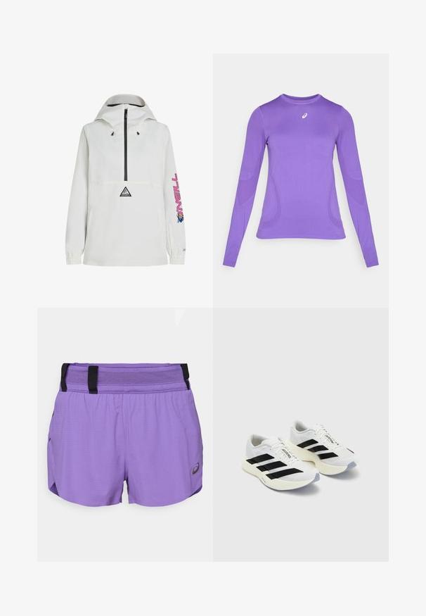 Anorak blanco con cremallera negra, capucha ajustable, puños elásticos y un diseño gráfico rosa en la manga. Presenta un logo en la parte frontal.; Camiseta atlética de manga larga en tejido de color púrpura claro, con un diseño ajustado, cuello redondo y una textura sutil con detalle del logo en el pecho.; ASICS METARUN SPLIT SHORT - Pantalón corto de deporte - edo purple; Zapatillas deportivas blancas con rayas y logotipo en negro, que cuentan con una parte superior de malla, puntera redondeada y una suela gruesa color crema para mayor amortiguación.