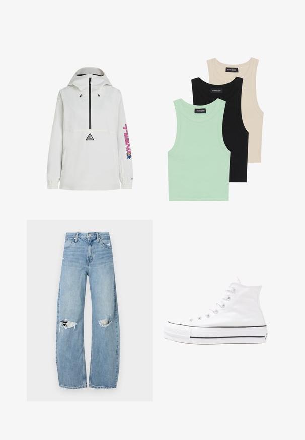 Giacca anorak bianca con zip nera, cappuccio regolabile, polsini elasticizzati e un design grafico rosa sulla manica. Presenta un logo sul davanti.; Tre canotte in verde menta, nero e beige; realizzate in tessuto a coste con scollatura rotonda e senza maniche. Etichetta del brand visibile.; Jeans azzurri chiari a vita alta realizzati in denim. Presentano gambe larghe, due aree strappate sulle ginocchia e il classico styling a cinque tasche.; Sneaker alta in tela bianca con suola in gomma nera, punta in gomma frontale e sei asole per i lacci, caratterizzata da un design pulito e minimalista.