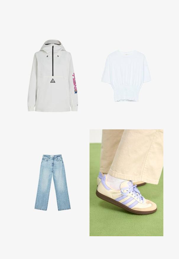 Bijela anorak jakna s crnim patentnim zatvaračem, podešavom kapuljačom, elastičnim manžetama i ružičastim grafičkim dizajnom na rukavu. Sadrži logotip na prednjoj strani.; Bijela majica kratkih rukava s opuštenim krojem i nabrano teksturom na struku. Izrađena od mekog, laganog materijala.; Svijetloplave široke traperice s visokim strukom, s izbljeđenim pranjem i malim, raštrkanim oštećenjima na cijeloj površini.; Kremasto-ljubičaste tenisice s tri pruge i strukturiranim smeškim potplatom, s vezicama i podstavljenim petom. Mekana gornja tkanina.