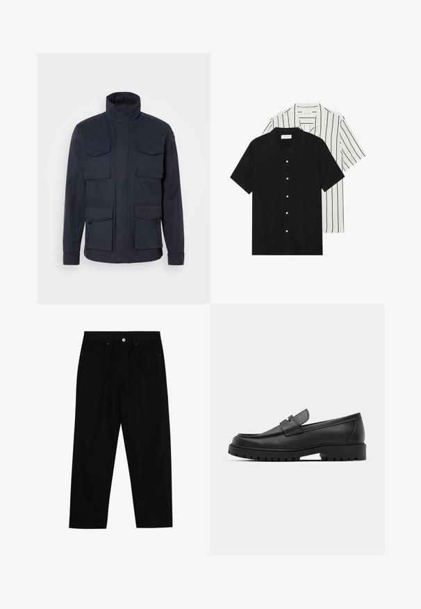 Chaqueta azul marino hecha de tela con un alto cuello, que cuenta con cuatro bolsillos frontales y un bolsillo con cremallera en la manga.; Dos camisetas de manga corta: una de color negro sólido y otra blanca con rayas verticales negras. Ambas tienen cierre de botones y un cuello clásico.; Pantalones de mezclilla negra con corte recto, diseño de cinco bolsillos y cierre frontal con botón. Textura suave con detalles de costura mínimos.; Mocasines de cuero negro con punta redonda, que cuentan con un diseño cosido, suela de plataforma baja y una suela de goma texturada y con tacos.