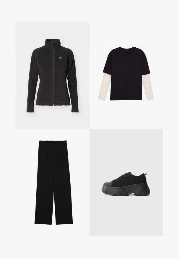 Helly Hansen - Kurtka z polaru; Czarny T-shirt wykonany z bawełny, z krótkimi rękawami na białej warstwie z długim rękawem z delikatnym teksturowanym wzorem. Projekt z okrągłym dekoltem.; Czarne spodnie typu wide-leg z falbaną w pasie, z dwoma bocznymi kieszeniami i gładkim, lekkim materiałem. Brak widocznych wzorów lub elementów metalowych.; Czarne sneakersy z masywną gumową podeszwą, teksturowaną górną częścią, okrągłym noskiem i sznurowanym zapięciem. Posiadają wzmocnione oczka i pętelkę z tyłu.