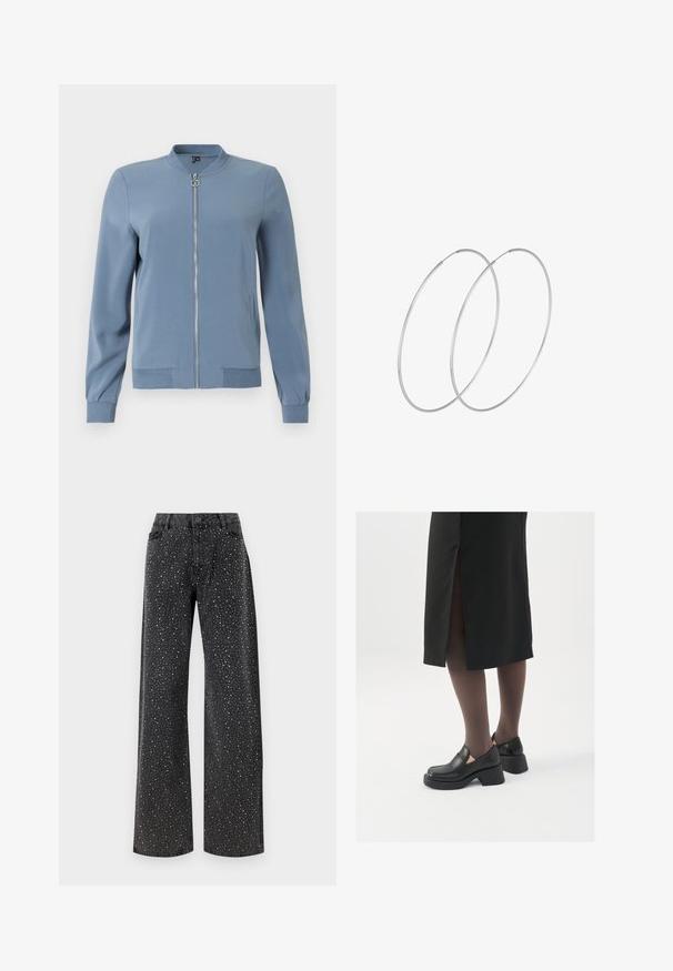 Giacca bomber blu realizzata in tessuto morbido, con zip frontale, tasche laterali, polsini a coste e collo rotondo.; Camicia a bottone in sequins di un delicato color crema. Presenta un colletto classico, maniche lunghe e dettagli luminosi in sequins su tutta la superficie per un aspetto strutturato.; Noisy May NMJANNEL LOOSE - Jeans baggy - black denim; Scarpe in pelle nera con punta arrotondata, tacco spesso a blocco e accenti laterali in elastico, abbinate a collant scuri e una gonna nera con uno spacco.; Orecchini a cerchio in argento con un design minimalista. Forma circolare, superficie liscia e profilo sottile. Leggeri con una finitura lucida.