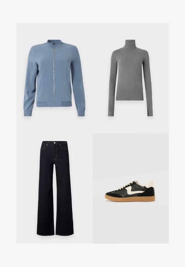 Blaues Bomberjackett aus glattem Material, mit einem Frontreißverschluss, seitlichen Taschen, gerippten Bündchen und Rundhalsausschnitt.; Grauer Rollkragenpullover aus glattem, dehnbarem Stoff. Lange Ärmel, figurbetontes Design, minimale Textur, ohne sichtbare Muster oder Beschläge.; Dunkelblaue weit geschnittene Jeans aus Denim, mit hoher Taille, Kontrastnähten und einem einzelnen Metallknopf vorne.; Schwarze Wildleder- und Leder-Sneaker mit einem cremefarbenen Seiten-Swoosh und einer hellcremefarbenen Ferse. Ausgestattet mit beige Schnürsenkeln und einer Gummilaufsohle.