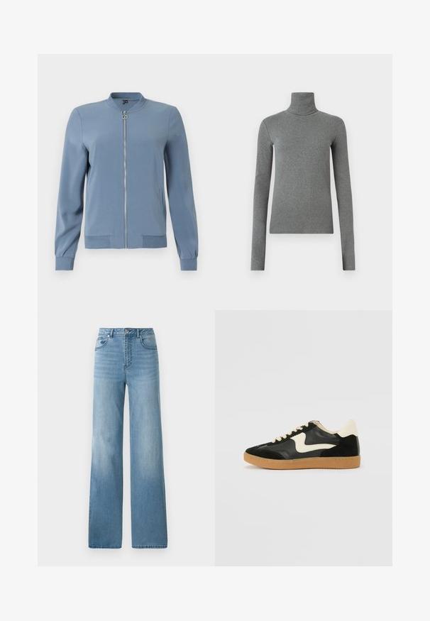 Plava bomber jakna izrađena od glatkog materijala, s prednjim zatvaračem, bočnim džepovima, rebrastim manžetama i okruglim izrezom.; Sivi rolak majica izrađena od glatkog, rastezljivog materijala. Dugi rukavi, prilagođenog kroja, minimalne teksture, bez vidljivih uzoraka ili dodataka.; Svijetloplavi traperice visokog struka s ravnim krojem. Izrađene od denima, imaju pet džepova i zatvaranje na gumbe.; Crna nubuk i kožna tenisica s kremastim bočnim swooshom i svijetlom kremastom petom. Sadrži bež vezice i gumu na potplatu.