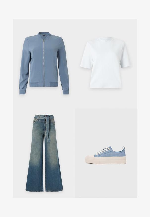 Kék bombázó dzseki sima anyagból, elöl cipzárral, oldalsó zsebekkel, bordázott mandzsettákkal és kerek nyakkivágással.; Világoskék, rövid ujjú póló, puha pamutból készült. Klasszikus, kerek nyakú és laza szabású, minta vagy díszítés nélkül.; Bőszárú farmernadrág, világos és sötétkék árnyalatokkal, magas derekú, övgyűrűkkel és a nadrággal megegyező anyagú övvel. Textúrált farmer kivitel.; Világoskék vászon sportcipők, krémszínű gumitippel és talppal, fehér fűzőkkel és egy húzófüllel a sarkán.