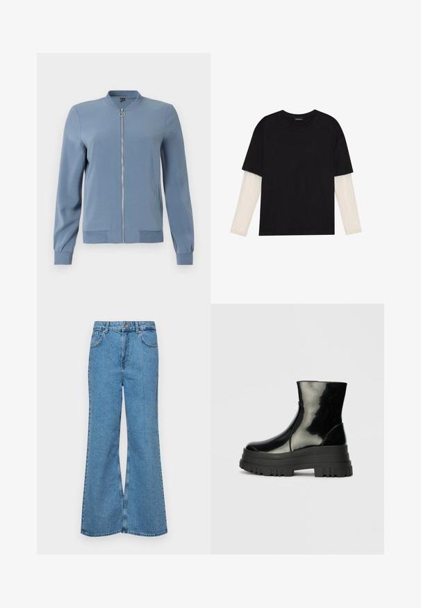 Sininen pommikopin takki, joka on valmistettu sileästä kankaasta. Sen etupuolella on vetoketju, sivutaskut, ribbaatut hihansuut ja pyöreä kaula-aukko.; Mustapaita, joka on valmistettu puuvillasta ja jossa on lyhyet hihat valkoisen pitkähihasen kerroksen päällä, jossa on hienovarainen teksturoitu kuvio. Pyöreä kaula-aukko.; Vaaleansiniset leveälahkeiset farkut, joissa on korkea vyötärö, viisi taskua ja yksi napin sulkeminen. Pehmeä pinta, jossa on haalistunut viimeistely.; Musta kiiltävä nilkkuri paksulla karkealla pohjalla ja pyöristetyllä kärjellä, sivukuva vaaleanharmaalla yksinkertaisella taustalla.