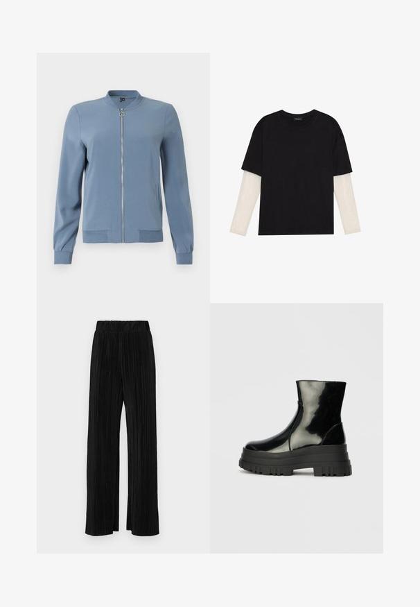 Modrá bombrová bunda vyrobená z hladkej látky, s predným zipsom, bočnými vreckami, rebrovanými manžetami a okrúhlym výstrihom.; Čierne tričko z bavlny, s krátkymi rukávmi cez biele tričko s dlhým rukávom, s jemným textúrovaným vzorom. Design s okrúhlym výstrihom.; Čierne plisované nohavice s elastickým pásom. Majú široké nohavice a hladkú, textúrovanú látku s vertikálnymi pruhmi.; Čierne lesklé členkové čižmy s hrubou podrážkou a zaoblenou špičkou, bočný pohľad na jednoduchom svetlošedom pozadí.