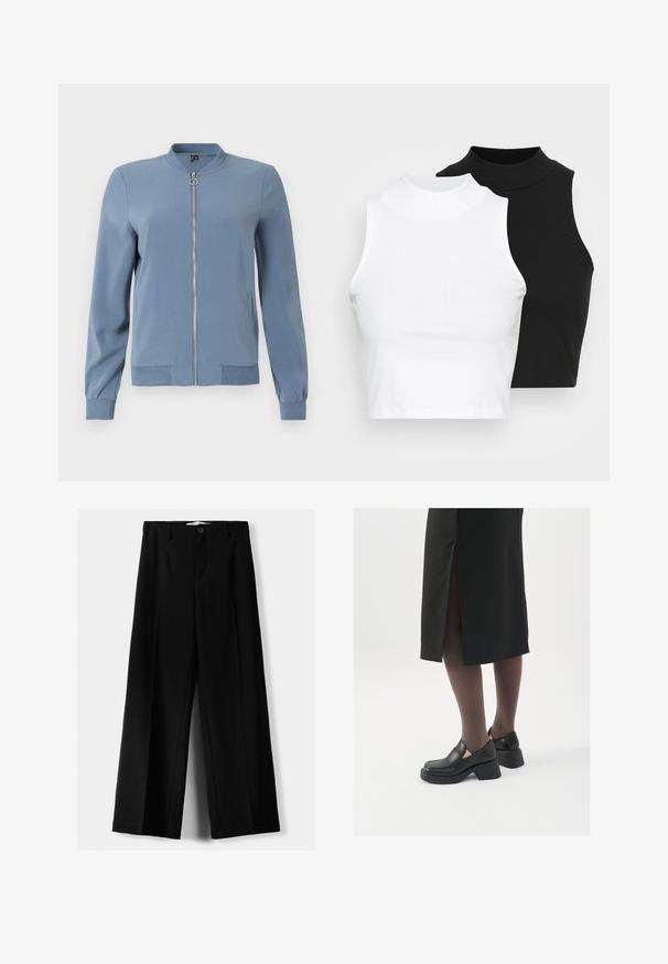 Plava bomber jakna izrađena od glatkog materijala, s prednjim zatvaračem, bočnim džepovima, rebrastim manžetama i okruglim izrezom.; Dvije bezrukavne rebraste majice s visokim ovratnikom u crnoj i bijeloj boji, s prilagođenim dizajnom i glatkom teksturom, te skraćenom dužinom.; Crne široke hlače izrađene od lagane tkanine, s prednjim zatvaranjem na dugme i ravnim prednjim dijelom, sa uredno šivenim rubovima.; Crne kožne cipele s zaobljenim vrhom, debelim blok petama i elastičnim bočnim detaljima, uparene s tamnim čarapama i crnom suknjom s prorezom.