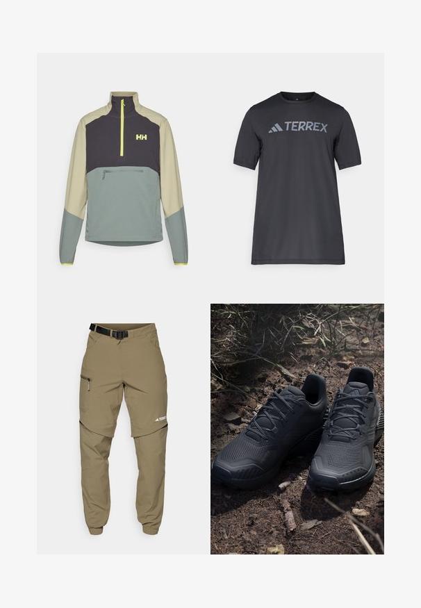 Half-zip pullover made of lightweight fabric, featuring a color block design in dark gray, light beige, and green, with a front pocket and logo.; Black short-sleeve t-shirt made of lightweight fabric, featuring a light gray “TERREX” logo across the chest and a crew neckline.; Khaki outdoor pants with a adjustable black belt, zippered pockets, tapered cuffs, and detachable lower legs for versatile styling.; Black athletic shoes with a textured knit upper, reinforced toe, and cushioned sole, displayed on earthy ground with scattered twigs.
