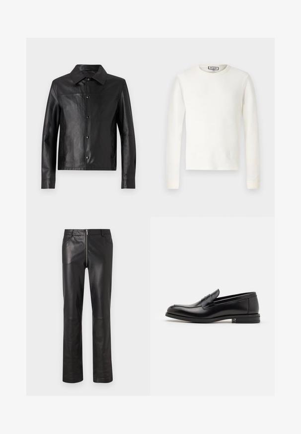 Schwarze Lederjacke mit Kragen, Druckknöpfen vorne und langen Ärmeln. Glatte Textur, minimalistisches Design und taillierte Passform.; Weißes langärmliges Thermoshirt mit gerippter Textur, Rundhalsausschnitt und Bündchen an den Ärmeln. Schlichtes Design ohne Muster oder zusätzliche Akzente.; Schwarze Lederhose mit schlanker Passform, geraden Beinen und einem Reißverschluss vorne, ausgestattet mit zwei Vordertaschen und einer glatten, glänzenden Oberfläche.; Schwarze Lederloafers mit glatter Textur, rundem Zehenbereich und einem dekorativen Riemen über dem Vorderfuß. Niedriger, gestapelter Absatz, minimalistisches Design.