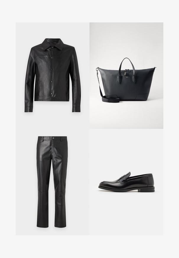 Melnas ādas jaka ar apkakli, priekšējiem spiedpogu slēdžiem un garām piedurknēm. Gluda tekstūra, minimālisma dizains un pielāgota piegriezuma forma.; Balta garām piedurknēm termo krekls ar ribotu tekstūru, apaļu izgriezumu un elastīgiem aproces galiem. Tīrs dizains bez rakstiem vai papildu akcentiem.; Melnas ādas bikses ar gludu tekstūru, taisniem griezumiem un smalkām šuvēm garam. Aprīkotas ar pogu aizdari jostasvietā.; Melnas ādas kurpes ar gludu tekstūru, noapaļu purngalu un dekoratīvu siksniņu pāri priekšpusei. Zems sakrauts papēdis, minimālisma dizains.; Lancel CHARLIE UNISEX - Portfelis - black