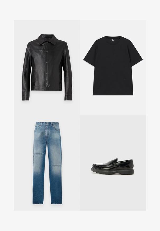 Jachetă din piele neagră cu guler, nasturi frontali cu prindere prin apăsare și mâneci lungi. Textură netedă, design minimal și croială ajustată.; Tricou negru cu mânecă scurtă, din bumbac, având un decolteu circular și un mic detaliu cu logo aproape de tiv. Textură netedă, croială normală.; Jeans din denim de culoare albastră deschisă, cu un design drept, spălare uzată și două cusături orizontale. Dispun de cinci buzunare și un sistem de închidere cu nasture.; Mocasin din piele neagră cu o finisare lucioasă, vârf rotunjit, detalii de cusătură subtile și o talpă groasă din cauciuc pentru durabilitate.