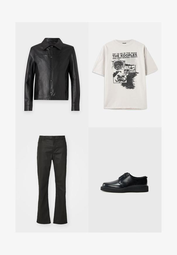 Fekete bőrdzseki gallérral, elől patent gombokkal és hosszú ujakkal. Simább textúra, minimalista dizájn és testre szabott fazon.; Rövid ujjú krémszínű póló, amelyen nagy fekete grafikai nyomtatás látható szövegekkel és képekkel, kerek nyakkivágás és laza szabás jellemzi. Durva szegés részlet.; Fekete, bővülő szárú farmernadrág, pamut keverék anyagból, gombos záródással, öt zsebbel és enyhe fényességgel a texturált felületen.; Fekete bőr, fűzős cipő kerek orral, sima felülettel és texturált fekete gumitalppal. Minimalista dizájn, látható minták nélkül.