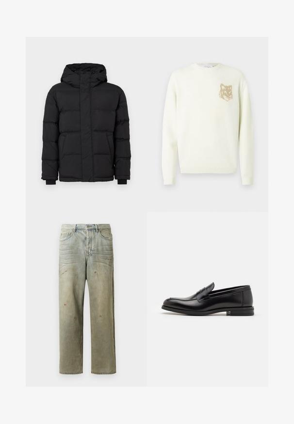 Giacca a vento nera con cappuccio, caratterizzata da un design trapuntato, polsini elasticizzati e due tasche frontali. Texture liscia e isolamento caldo.; Maglione crema a girocollo con maniche lunghe e piccola grafica di testa di volpe beige a sinistra sul petto, polsini e orlo a costine.; Jeans in denim strappato di colore verde chiaro, con gamba dritta, design a cinque tasche, sbiaditure irregolari e schizzi di vernice.; Mocassini neri in pelle con una texture liscia, punta arrotondata e una striscia decorativa sulla tomaia. Tacco basso impilato, design minimalista.