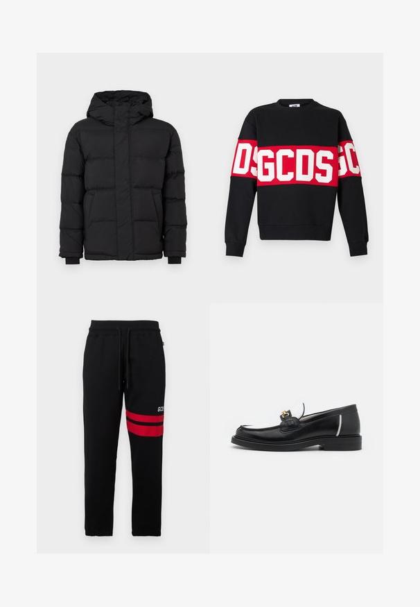 Black puffer jacket with a hood, featuring a quilted design, elastic cuffs, and two front pockets. Smooth texture and warm insulation.; Black sweatshirt featuring a wide red band with large white letters "DSGDCS" across the chest. Classic crew neck and ribbed cuffs.; Black sweatpants with contrast red stripes and logo on the side. Features an elastic waistband with drawstring and tapered ankle cuffs.; Black leather loafer with a rounded toe, white accents, and gold hardware on the vamp. Features a textured patch and stacked heel.