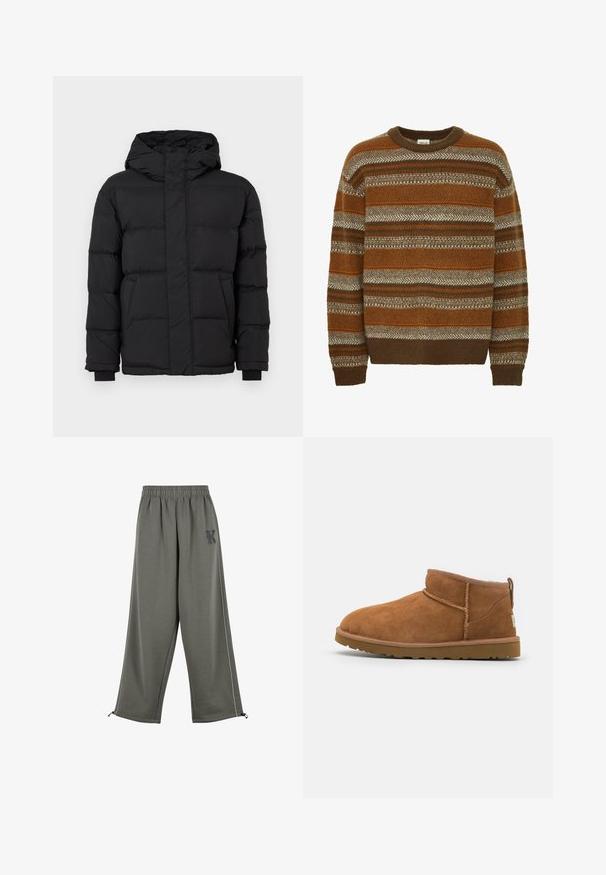 Czarna kurtka puchowa z kapturem, z pikowanym wzorem, elastycznymi mankietami i dwoma przednimi kieszeniami. Gładka struktura i ciepła izolacja.; Solid MAXWELL brązowy; Karl Kani SIDESTRIPE jasnozielony melanż; Beżowe zamszowe botki za kostkę z okrągłym noskiem, subtelnymi detalami przeszyć oraz teksturowaną gumową podeszwą. Niskie, bez sznurówek.