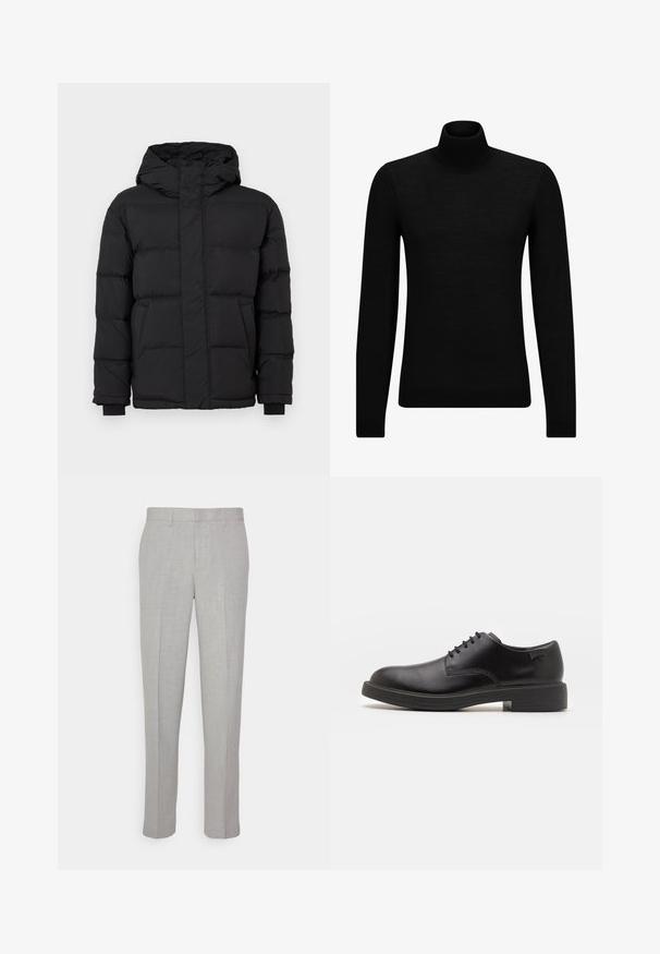 Juodas pūkinis švarkas su gobtuvu, pasižymintis siuvinėtu dizainu, elastingomis rankovėmis ir dviem priekinėmis kišenėmis. Lygus paviršius ir šilta izoliacija.; Juodas aukšto kaklo megztinis, pagamintas iš minkštos medžiagos, su ilgomis rankovėmis ir prigludusia forma. Su raukiniais apačioje ir rankogaliuose. Paprastas dizainas.; Šviesiai pilki kelnės su lygiu paviršiumi, plokščiu priekiu ir tiesiomis kojomis. Pagamintos iš kvėpuojančios medžiagos, su vidinėmis kišenėmis ir diržo kilpomis.; Juodas odinis batų modelis su raišteliais, apvaliu nosiu, lygiu paviršiumi, minimaliai siuvinėjimu ir žemu guminėmis pakulne. Ant pakulnės šalia logo.