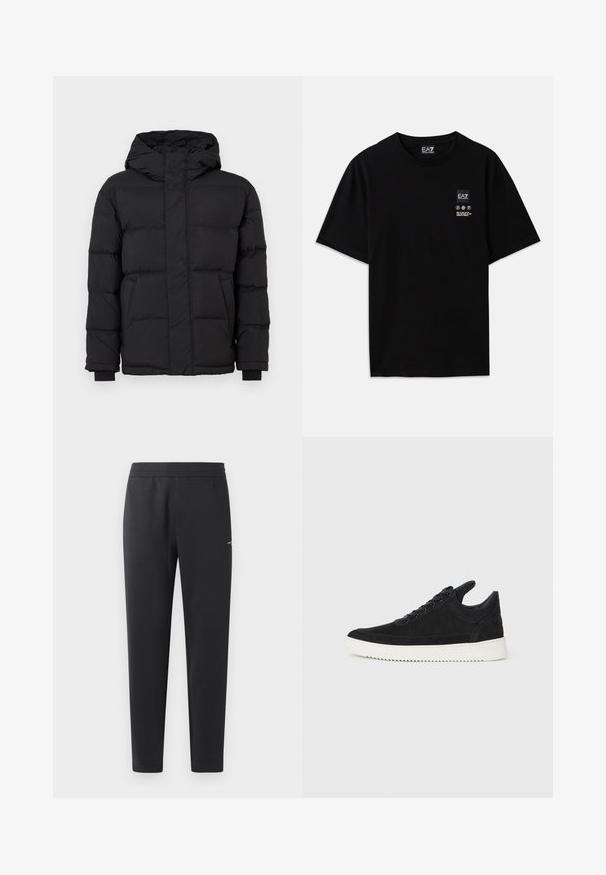 Musta puffjakker, millel on kapuuts, iseloomulikult tehtud tikandiga, elastsete mansettide ja kahe esiosa taskuga. Sile tekstuur ja soe isolatsioon.; Must must-habetic T-särk mustadest puuvilladest lühikeste varrukatega, ümar kaelus ja väike logo silt ees, mis sisaldab hooldusmärke valgena.; Mustad jogger pants pehmest kangast, millel on elastne vöökoht, sirged sääred ja üks väike logodetail küljel.; Must mustel kingad valge kummist tallaga, millel on toon-toonis õmblused ja paeltega disain. Sile tekstuur ja moodne, voolujooneline kuju.