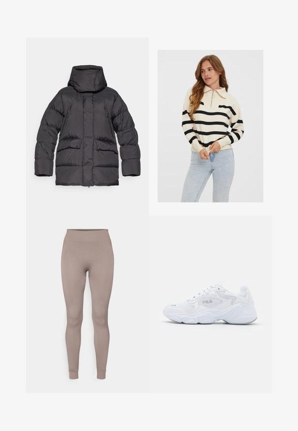 Chaqueta acolchada negra con un cuello alto, bolsillos con cremallera y una silueta amplia. Fabricada con un tejido suave y ligero con un acabado brillante.; Suéter color crema con rayas horizontales negras, cuello con media cremallera y puños acanalados, combinado con jeans de color azul claro.; Leggings acanalados en un suave color taupe, con una cintura alta, ajuste ceñido y tobillos ajustados. Fabricados con un tejido texturizado y elástico.; Zapatilla deportiva blanca con parte superior de malla texturizada, cuello acolchado y suela gruesa. Presenta un logo en el lateral y cierre con cordones.