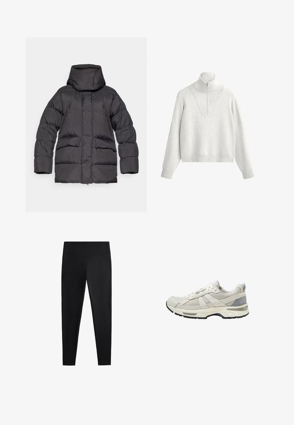 Črna puffer jakna z visokim ovratnikom, z zadrgo zaprtimi žepi in kvadratno silhueto. Narejena iz gladkega, lahkega blaga z sijajnim zaključkom.; Svetlo siva majica s visokim ovratnikom, koja sadrži polu-zip i rebrastu teksturu. Kutni kroj s spuštenim ramenima i strukturiranim dizajnom.; Črne legice iz gladkega, raztegljivega blaga. Imajo širok pas in zožen dizajn nog, primeren za aktivno ali vsakodnevno nošenje.; Bež atletski čevelj z zgornjim delom iz teksturirane mrežice in gladkimi poudarki. Ima oblazinjen podplat, ojačan prstni del in črni gumijasti podplat.