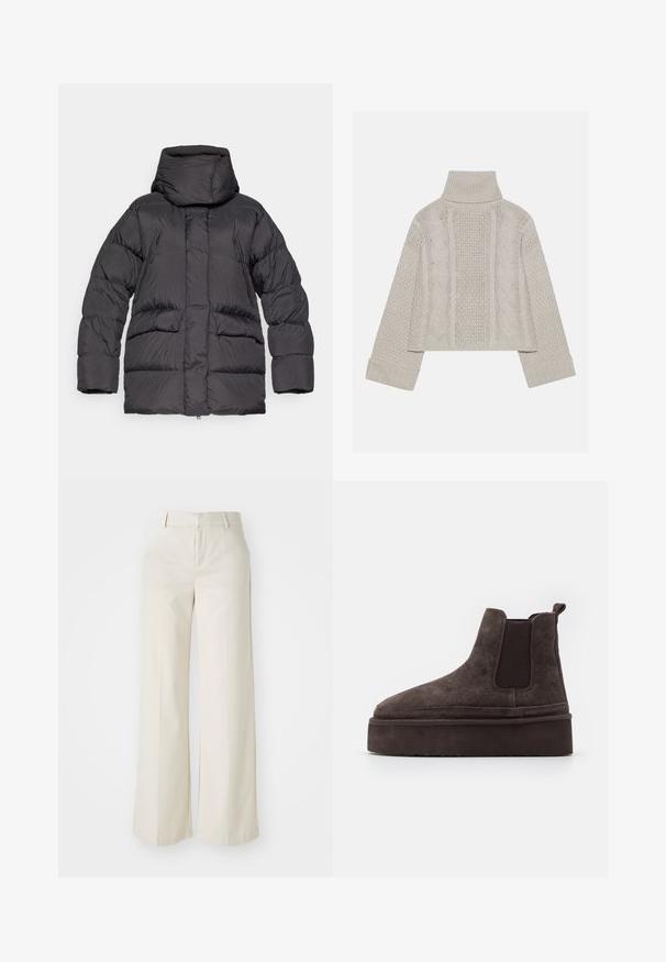 Črna puffer jakna z visokim ovratnikom, z zadrgo zaprtimi žepi in kvadratno silhueto. Narejena iz gladkega, lahkega blaga z sijajnim zaključkom.; Kratka, svetlo siva pletena pulover s visokim ovratnikom in rebrastimi manšetami, ki ima strukturne kabelske vzorce po hrbtu in straneh.; Široke hlače v svetlo bež barvi, izdelane iz gladkega materiala. Imajo klasičen pas in ravno sprednjo stran z čistimi linijami.; Rjave semiš Chelsea čizme z elastičnimi stranskimi paneli in debelim, teksturiranim platformnim podplatom. Imajo zanko na peti za lažje oblačenje.