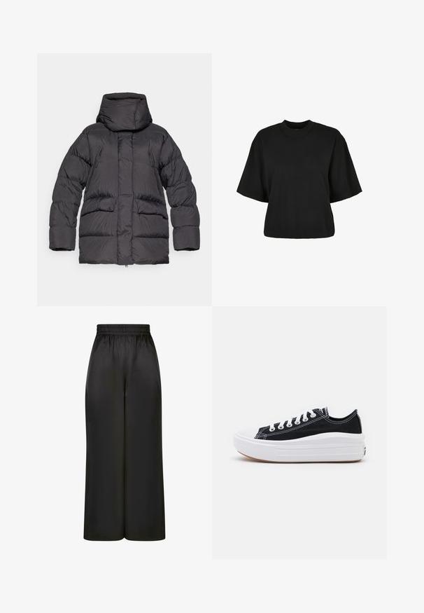 Giacca a vento nera con colletto alto, tasche con cerniera e una silhouette ampia. Realizzata in un tessuto liscio e leggero con una finitura lucida.; Maglietta nera cropped realizzata in cotone. Presenta maniche corte e un collo rotondo. Tessuto liscio con un design semplice, senza ulteriori motivi.; Pantaloni neri a gamba larga realizzati in un tessuto liscio e lucido, con una vita elastica e senza tasche visibili o dettagli in metallo.; Sneaker nere in tela con lacci bianchi, punta in gomma bianca e una suola intermedia bianca e spessa. Presentano cuciture bianche sottili e una suola in gomma.