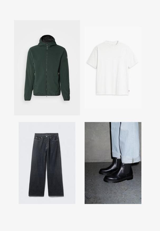 Chaqueta ligera verde con cierre frontal, capucha y puños elásticos. Presenta una textura suave y un logo redondo en la manga izquierda.; Camiseta de algodón blanca con mangas cortas, cuello redondo y sutil logo de Levi's impreso en el centro. Textura suave y ajuste estándar.; Jeans de mezclilla oscura de pierna ancha con una cinturilla alta, con remaches de tono cobrizo y costuras en contraste, textura suave y sin patrones visibles.; Botas Chelsea de cuero negro con paneles laterales elásticos y suela de goma texturizada, combinadas con unos vaqueros de denim azul claro con dobladillo.