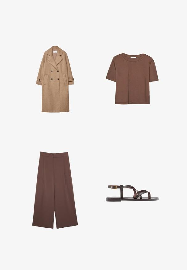 Lange beige wollen jas met een dubbelgeknoopte ontwerp, grote revers, twee voorkruiszakken en knoopmanchetten. Soepele textuur en neutrale tint.; Korte mouwen T-shirt in bruin, gemaakt van een zachte stof, met een ronde halslijn en een relaxte pasvorm. Geen zichtbare patronen of accenten.; Bruine wijde broek met een gladde textuur, voorzien van een hoge taille en plooien aan de voorkant. De stof is lichtgewicht en valt losjes.; Bruine leren sandaal met kruisingen van banden, een enkelgesp-sluiting en een platte zool met minimale stikdetails.