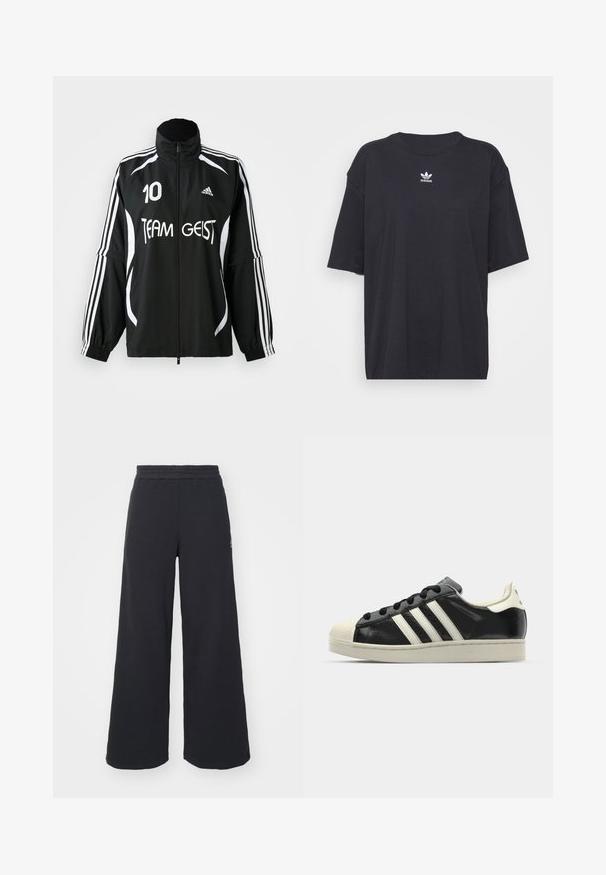 Svart sportjakke med hvite striper, "TEAM GEIST" logo og nummer 10. Har høy krage og elastiske mansjetter. Lett stoff.; Svart bomull T-skjorte med korte ermer, rund halslinje, med en hvit Adidas-logo på brystet. Enkel design, avslappet passform.; Svart bukse med vid benvidde laget av myk stoff, med elastisk midjebånd og en liten logo på venstre side.; Svarte skinnsneakers med hvite striper, gummitopp, svarte lisser og en kremfarget såle. Glatt tekstur med blank finish.