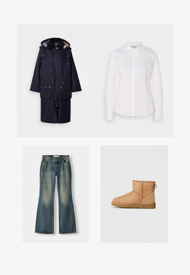 Navy waterproof parka with hood, featuring gold hardware, two front pockets, and a plaid lining. Includes a cord adjustable neckline.; White button-up shirt made of smooth cotton with a classic collar, long sleeves, and a subtle logo on the chest. Features front button closure.; Blue flared jeans with a faded wash, five pockets, and a button closure. Material shows a denim texture with subtle stitching details.; Tan suede ankle boot with round toe, stitched detailing, pull tab on back, and a textured rubber sole. Designed for comfort and warmth.