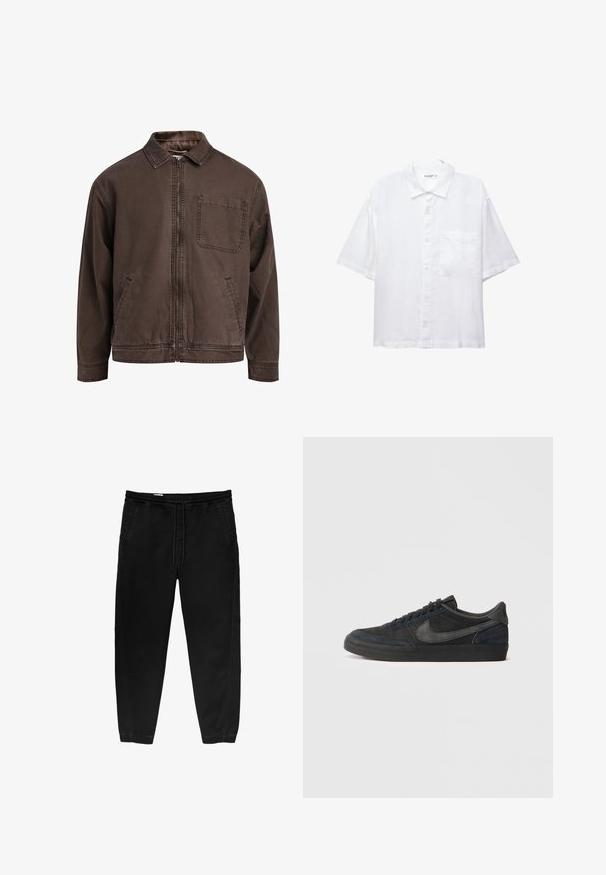 Braune, mit Reißverschluss verschlossene Jacke aus strapazierfähigem Material; sie verfügt über einen Kragen, lange Ärmel, frontale Taschen und eine einzelne Brusttasche.; Weißes Kurzarmhemd mit Knopfleiste, Kragen und einer Brusttasche. Aus leichtem Stoff mit glatter Textur gefertigt.; Schwarze Hose mit elastischem Bund und Kordelzug, tapered Beinen, Seitentaschen und subtilen seitlichen Stickdetails. Weicher Baumwollstoff.; Schwarze Wildledersneaker mit niedrigem Profil, Gummilaufsohle, strukturierten Seitenpaneelen und passendem Nike Swoosh-Logo. Durchgängige Schnürung, gepolsterter Kragen.