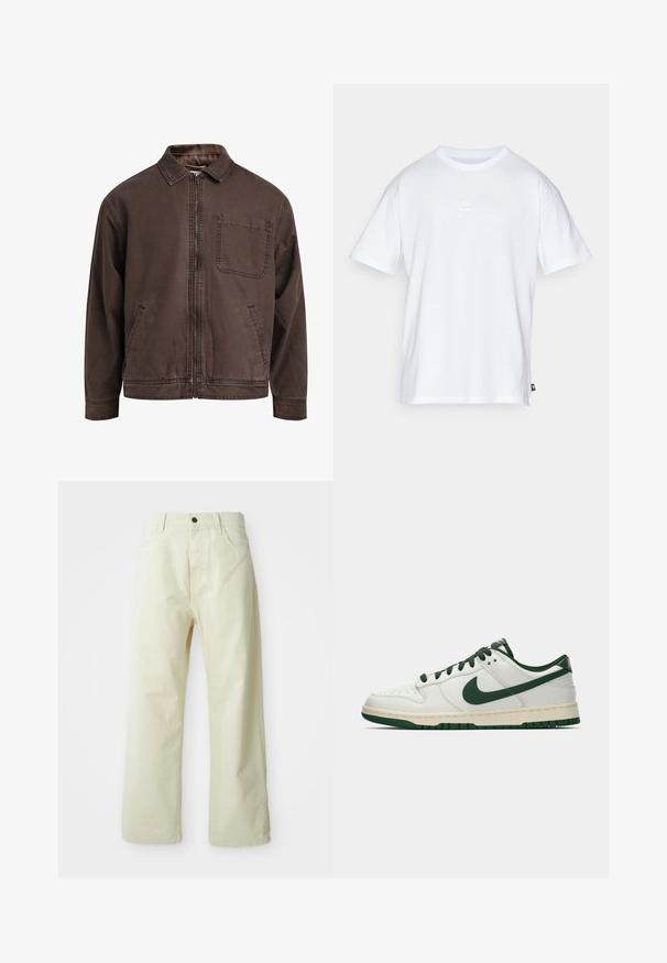 Braune, mit Reißverschluss verschlossene Jacke aus strapazierfähigem Material; sie verfügt über einen Kragen, lange Ärmel, frontale Taschen und eine einzelne Brusttasche.; Weißes Baumwoll-T-Shirt mit kurzen Ärmeln und Rundhalsausschnitt. Verfügt über ein kleines, dezentes Nike-Logo auf der Brust und ein seitliches Etikett.; Hellgelbe, weit geschnittene Jeanshose aus Denim mit einem vorderen Knopfverschluss, fünf Taschen und geradlinigem, unaufgeregtem Design.; Weiße Low-Top-Sneaker mit dunkelgrüner Nike-Swoosh, Schnürsenkeln und Akzenten an der Sohle, im Profil auf einem schlichten weißen Hintergrund abgebildet.