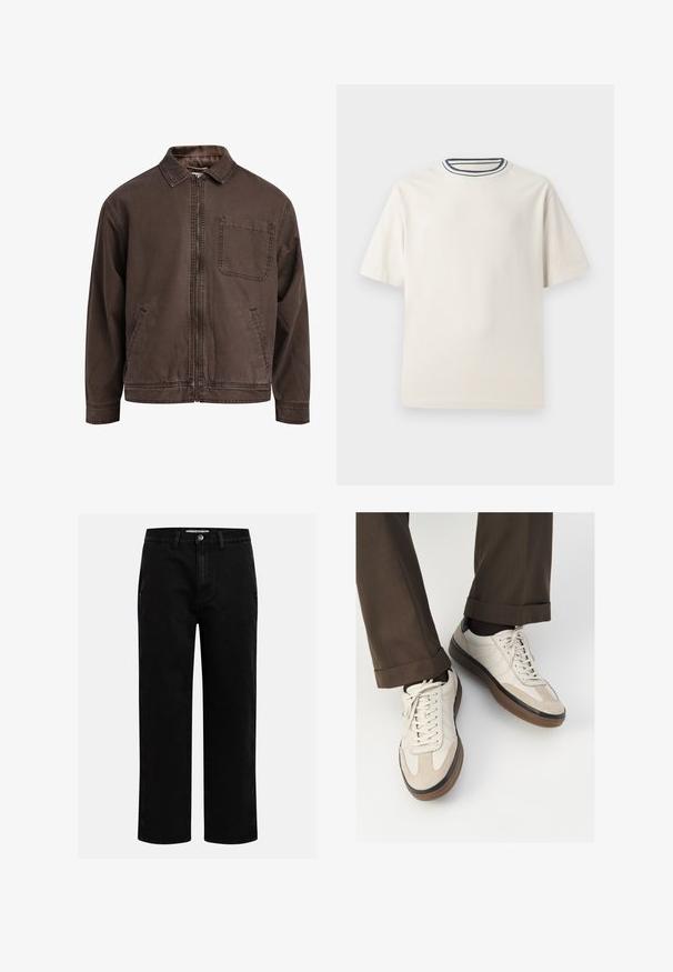 Brązowa, zapinana na zamek kurtka z wytrzymałego materiału; posiada kołnierz, długie rękawy, przednie kieszenie oraz jedną kieszeń na piersi.; Kremowa bawełniana koszulka z krótkim rękawem, z okrągłym dekoltem ozdobionym granatowymi i białymi paskami. Gładka tekstura, luźny krój.; Czarne dżinsy o prostym kroju nogawki, klasyczny pięć kieszeniowy design oraz zapięcie na guzik w talii. Gładka tekstura i trwały materiał.; Beżowe sneakersy z teksturowanym zamszowym przodem, gładkimi skórzanymi bokami i brązową gumową podeszwą. Zawierają sznurówki oraz subtelne detale w dwóch kolorach.