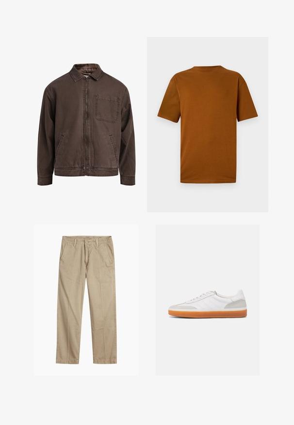 Brown, zip-up jacket made of durable fabric; features a collar, long sleeves, front pockets, and a single chest pocket.; Short-sleeve t-shirt in burnt orange cotton. Features a crew neck, relaxed fit, and smooth texture with no patterns or embellishments.; Beige straight-leg chinos with belt loops, front button and zipper closure, and slant front pockets.; White sneaker with grey suede accents, flat lace-up design, and orange rubber sole. Features three stripes on the side for branding.