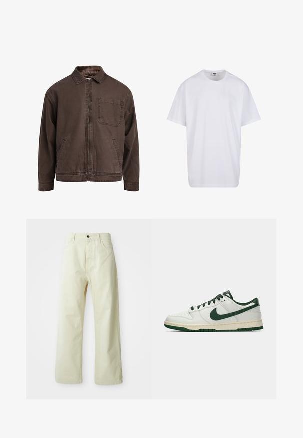 Ruskea, vetoketjullinen takki, joka on valmistettu kestävästä kankaasta; siinä on kaulus, pitkät hihat, etutaskut ja yksi rintatasku.; Valkoinen puuvillainen t-paita, jossa on lyhyet hihat, pyöreä kaula-aukko, rento istuvuus ja ei näkyviä logoja tai kuvioita. Sileä pinta ja minimaalinen muotoilu.; Vaaleankeltaiset, leveälahkeiset farkut, joissa on etunappikiinnitys, viisi taskua ja suora, koristelematon muotoilu.; Valkoiset matalat tennarit, joissa tummanvihreä Nike-swoosh, nauhat ja pohjan korostukset, esitettynä profiilista yksinkertaisella valkoisella taustalla.