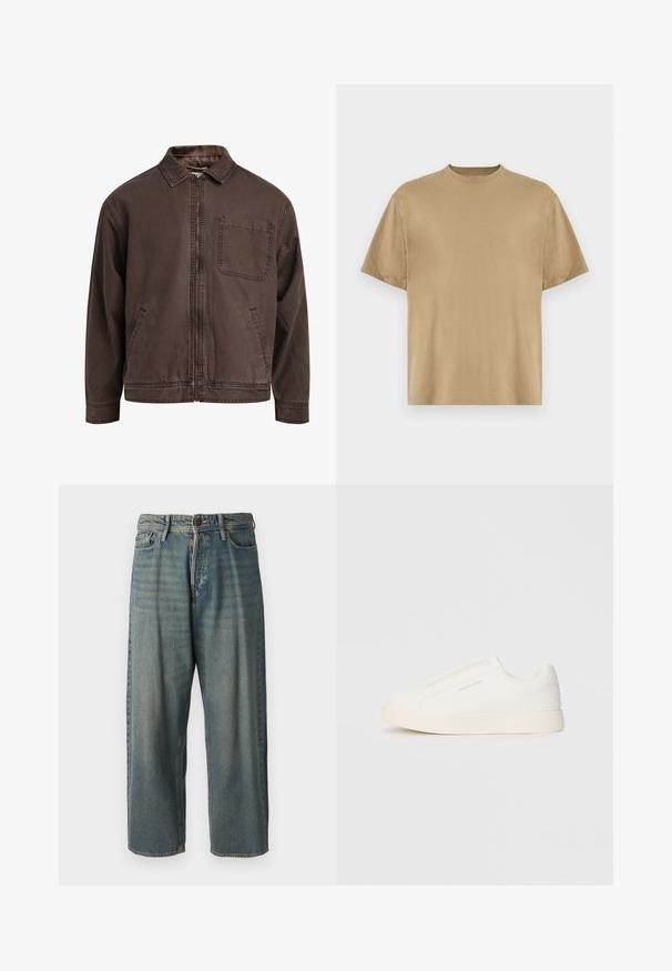 Jacket castanho, com fecho éclair, feito de tecido durável; possui colarinho, mangas longas, bolsos frontais e um único bolso no peito.; Camiseta de mangas curtas em caqui, feita de tecido suave, com decote redondo e um corte descontraído. Sem padrões ou gráficos visíveis.; Jeans de ganga azul claro com um corte solto, cintura média e pernas retas. Apresenta cinco bolsos, passadores de cinto e fecho com botão.; Sapatilhas brancas de atacar com uma superfície texturizada, sola grossa e design minimalista. Possui o logo da marca na lateral.