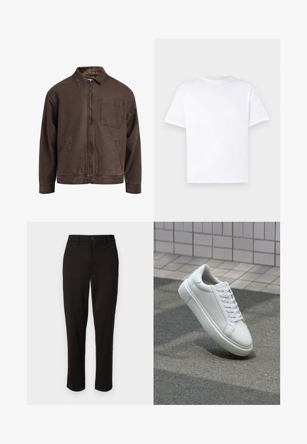 Braune, mit Reißverschluss verschlossene Jacke aus strapazierfähigem Material; sie verfügt über einen Kragen, lange Ärmel, frontale Taschen und eine einzelne Brusttasche.; Weißes Baumwoll-T-Shirt mit Rundhalsausschnitt und kurzen Ärmeln. Geschmeidige Textur, gerader Schnitt, keine Muster oder Akzente. Nur Rückansicht.; Schwarze Hose aus leichtem Stoff, im geraden Schnitt, mit vorderem Knopfverschluss, Gürtelschlaufen und Seitentaschen.; Weiße Leder-Sneaker mit glatter Oberfläche, runder Zehenpartie und flachen weißen Schnürsenkeln. Verfügt über eine strukturierte Gummisohle und minimalistische Designelemente.
