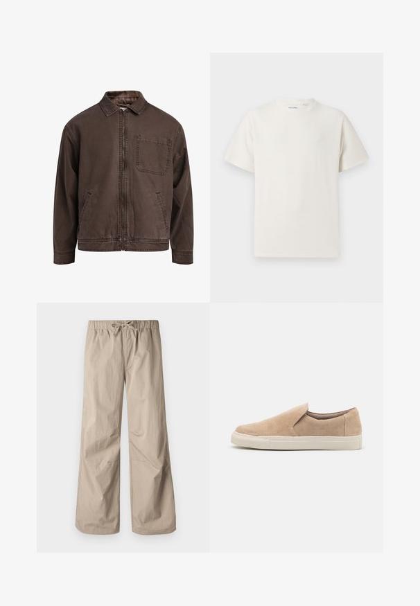 Brun zip-up jakke laget av slitesterkt stoff; har krage, lange ermer, frontlommer og en enkel brystlomme.; Hvit T-skjorte med kort erm i ribbestrikket tekstur. Rund hals, avslappet passform, ingen synlige mønstre eller detaljer. Enkelt og allsidig design.; Beige vide bukser med elastisk talje og snøre. Glat tekstur, to sidelommer og minimale syninger for en afslappet pasform.; Beige slip-on sko laget av semsket skinn, med rund tå, elastisk side og en hvit gummisåle med teksturerte detaljer.