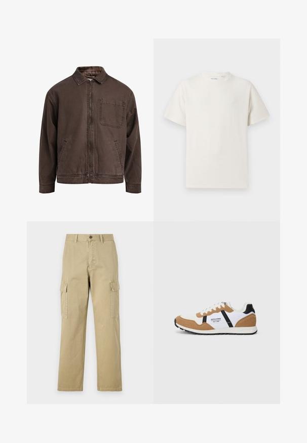 Jachetă maro, cu fermoar, realizată dintr-un material durabil; are guler, mâneci lungi, buzunare frontale și un buzunar pe piept.; Tricou alb cu maneci scurte, dintr-un material ribbed. Guler rotund, croi lejer, fără modele sau accente vizibile. Design simplu și versatil.; Pantaloni cargo bej din bumbac, cu două buzunare laterale, închidere cu nasture și picioare drepte dintr-un material ușor texturat.; Tenis retro cu alb, suede bej, accente negre, șireturi albe și logo-ul "Jack & Jones EST. 1990" pe lateral.