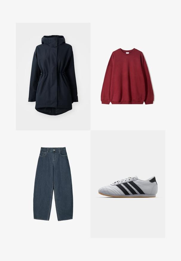 Navy blue hooded parka jacket with adjustable waist drawstrings and buttoned cuffs, designed for cold weather.; Burgundy sweatshirt with a relaxed fit, featuring a round neckline and dropped shoulders, displayed against a plain white background.; Dark blue denim wide-leg jeans with a high waist, featuring five pockets and visible stitching details. Clean, minimal design.; Gray athletic shoes with a smooth leather finish, featuring three black stripes, a rounded toe, and a gum rubber sole.