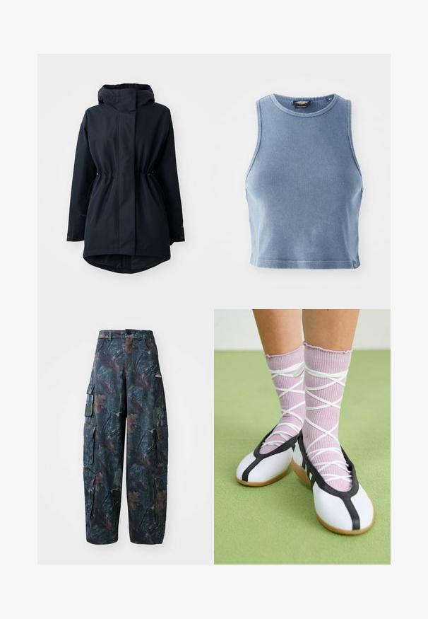 Mornarsko modra parka s kapuco z nastavljivimi napenjalnimi vrvicami v pasu in z gumbi na manšetah, zasnovana za hladno vreme.; Svetlo modra rebrasta crop majica z okroglim izrezom in brezrokavnim dizajnom. Gladka tekstura in majhna logotska podrobnost na robu.; Kamuflažne cargo hlače v temno zeleni in rjavi barvi, z več žepi in ohlapnim krojem, izdelane iz lahkega, trpežnega blaga.; Bele čevlji z ravnim podplatom in črnim robom ter podplatom, v kombinaciji s svetlo vijoličastimi rebrastimi nogavicami, ki imajo bele križaste trakove. Postavljeni na zeleni podlagi.