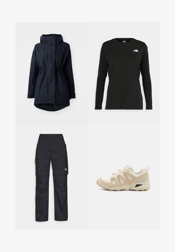 Tengerészkék kapucnis parka dzseki állítható derékzsineggel és gombos mandzsettával, hideg időjárásra tervezve.; Fekete, hosszú ujjú póló pamutból, kerek nyakkal. A bal mellrészen egy kis fehér logó található. Egyszerű dizájn és szabás.; Fekete nylon zipzáras cargo nadrág állítható mandzsettával, több zsebbel és logóval a jobb lábon. Simább, könnyű textúra.; Beige és krém színű sportcipő, texturált hálós felsőrésszel, támogató burkolattal és gumitalppal, amely tapadás érdekében bordázott mintázattal rendelkezik.