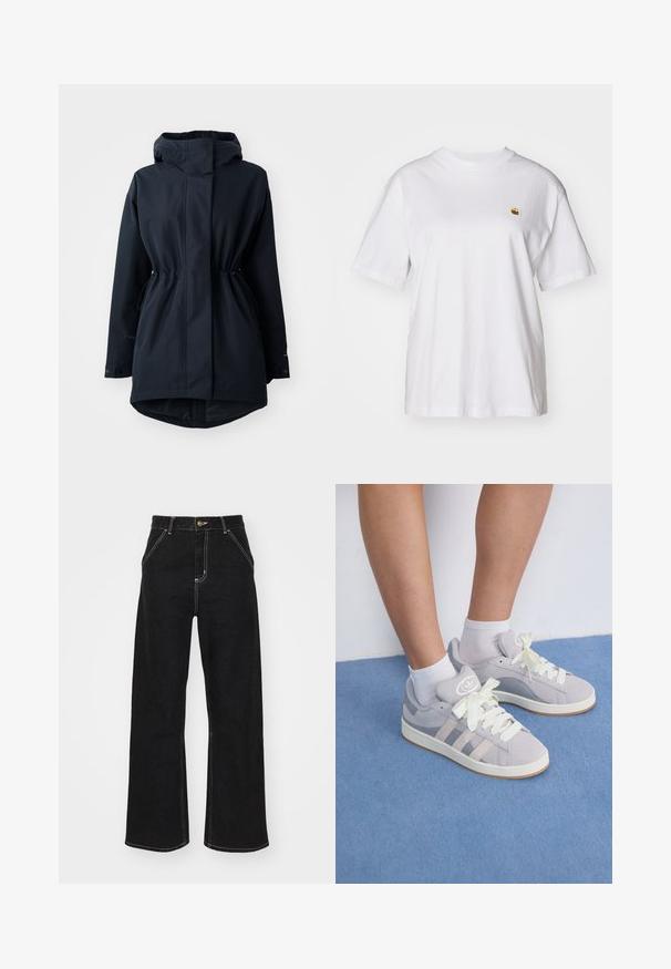 Mornarsko modra parka s kapuco z nastavljivimi napenjalnimi vrvicami v pasu in z gumbi na manšetah, zasnovana za hladno vreme.; Bela bombažna majica s sproščenim krojem, kratkimi rokavi in majhnim vezenim logotipom na levi strani prsnega predela.; Črne široke kavbojke iz denima, ki imajo kontrastne bele šive in sprednje gumbno zapiranje, ter dve nagnjeni sprednji žepi.; Sive športne copate iz zamšene kože z belimi vezalkami in gumijastim podplatom, ki imajo tri diagonalne črte ob strani in logotip na ježku.